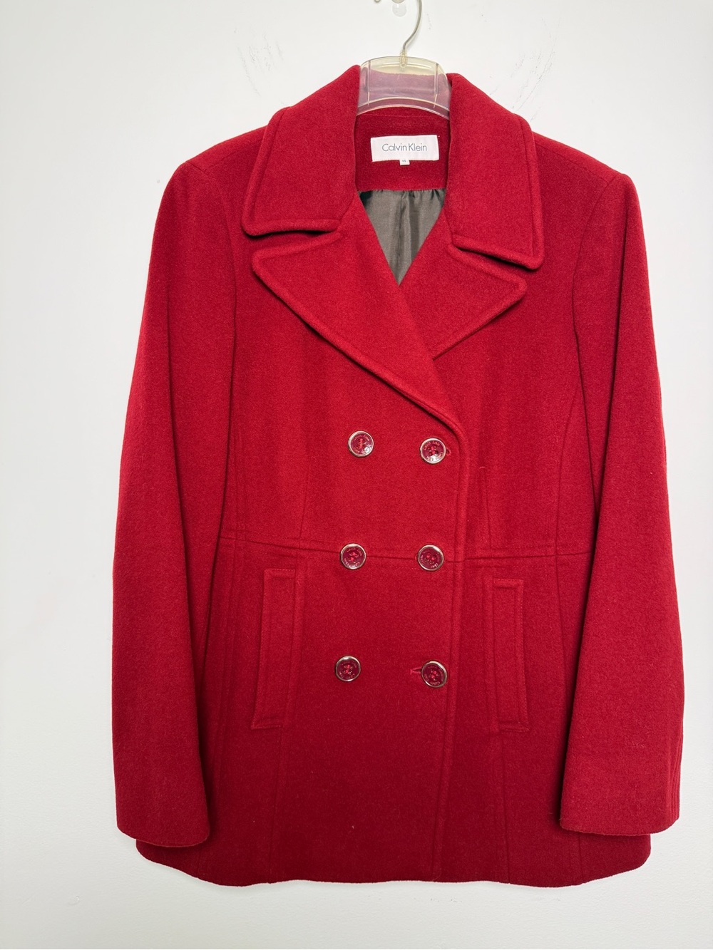 Calvin Klein Red Double-Breasted Wool Pea Coat